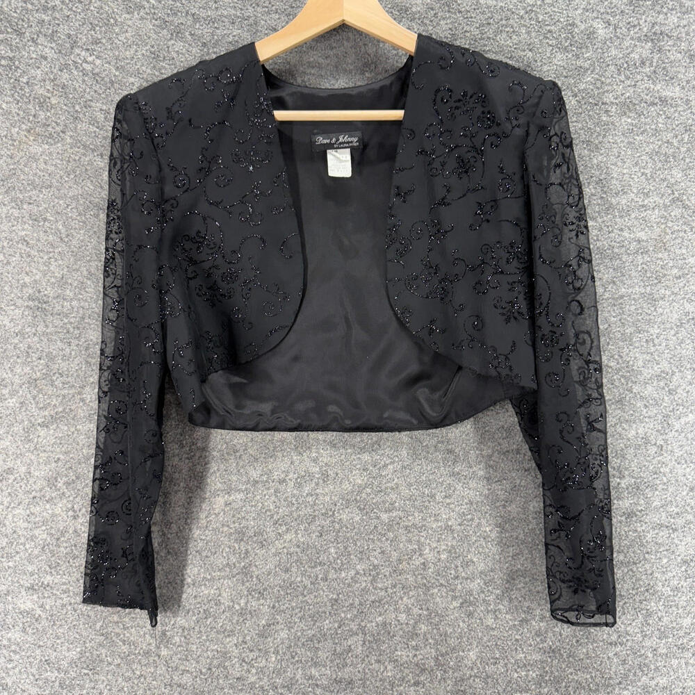 Dave & Johnny Cropped Blazer Women 7-8 Black Rhinestone Long Sleeve Open Front